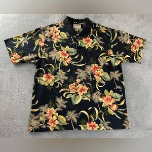 Cooke Street Mens Polo Shirt Large Black Floral Mercerized Cotton Golf Hawaiian